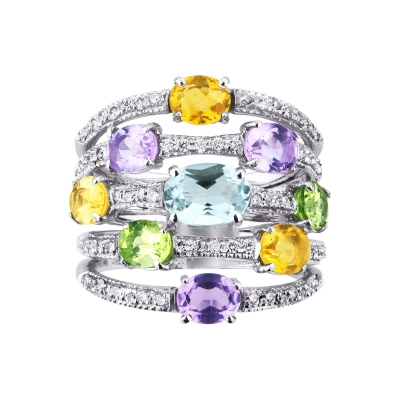 Weißgold Ring mit Aquamarin, Peridot, Citrin, Amethyst