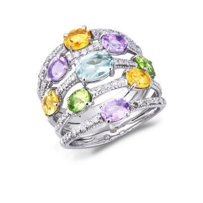 Weißgold Ring mit Aquamarin, Peridot, Citrin, Amethyst