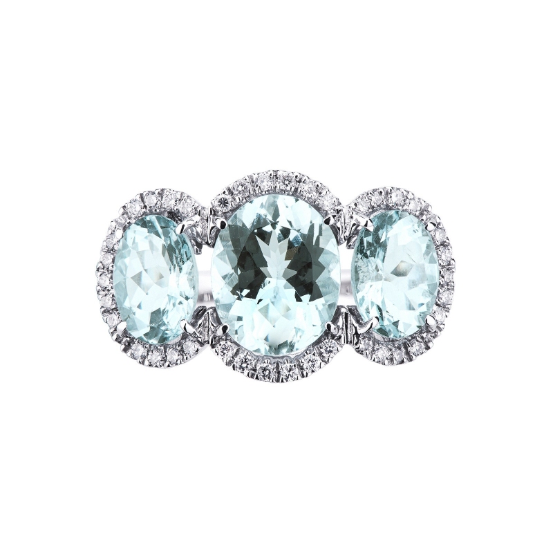 Trilogie Ring aus Weißgold mit Aquamarinen und Diamanten 