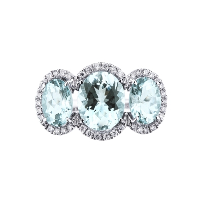 Trilogie Ring aus Weißgold mit Aquamarinen und Diamanten 