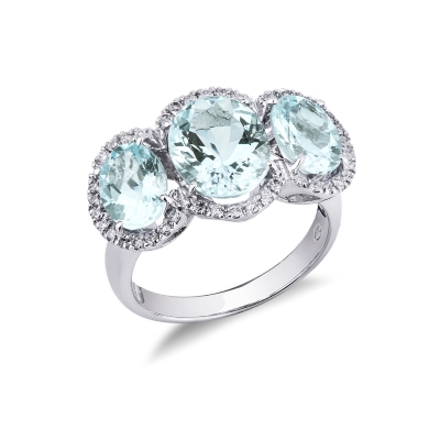 Trilogie Ring aus Weißgold mit Aquamarinen und Diamanten 
