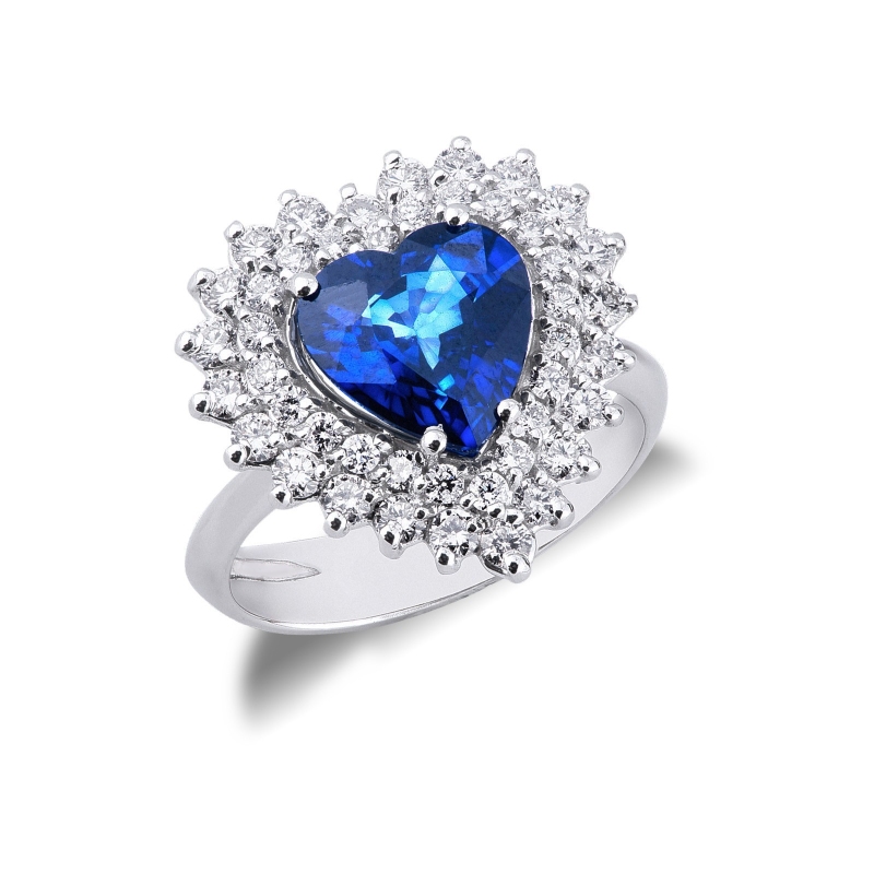 Weißgold Saphir blau Herz Ring mit Diamanten