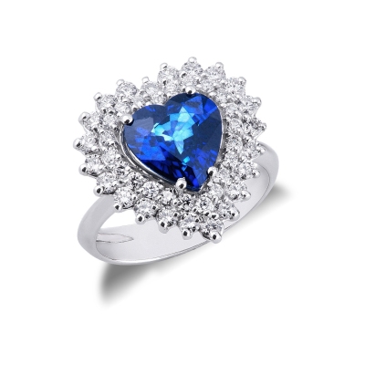 Weißgold Saphir blau Herz Ring mit Diamanten