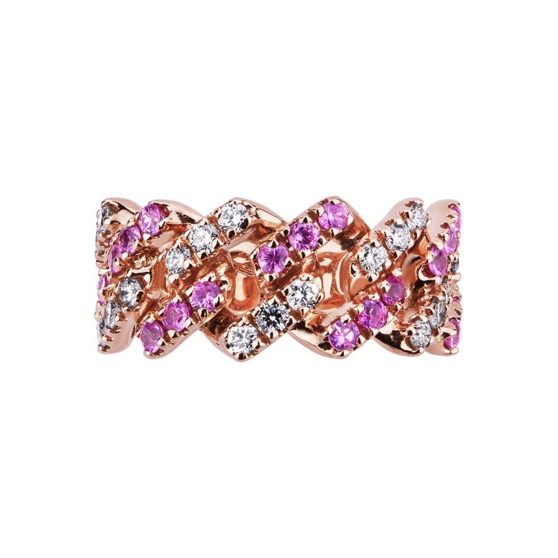 Roségold 18K Cuban Link Iced Out Ring rosa Saphiren Diamanten
