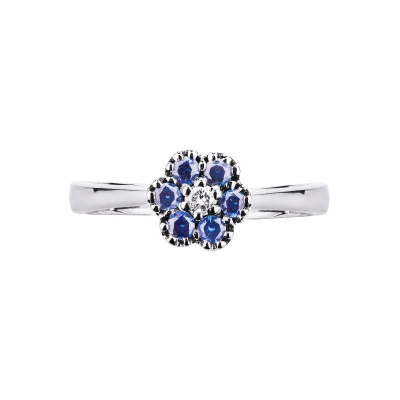 Blumenring aus 18k 750 Weißgold mit Diamanten und blauen Saphiren