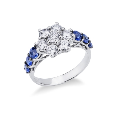 Weißgold Ring mit Diamanten und blauen Saphiren 