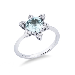 Weißgoldring mit Aquamarinherz und 6 Diamantblüten 