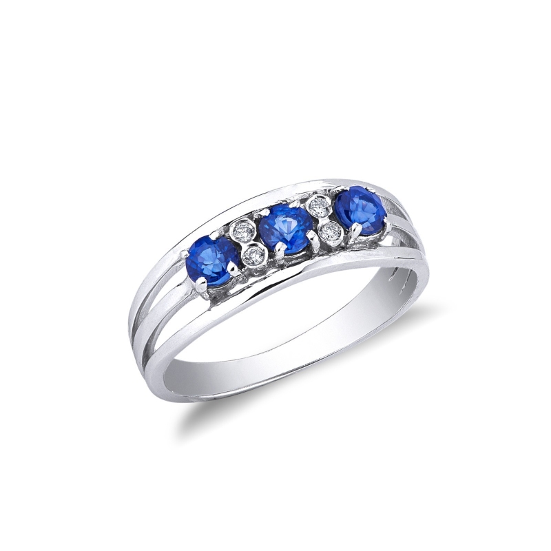 Weißgoldring mit 4 Diamanten und 3 blauen Saphiren