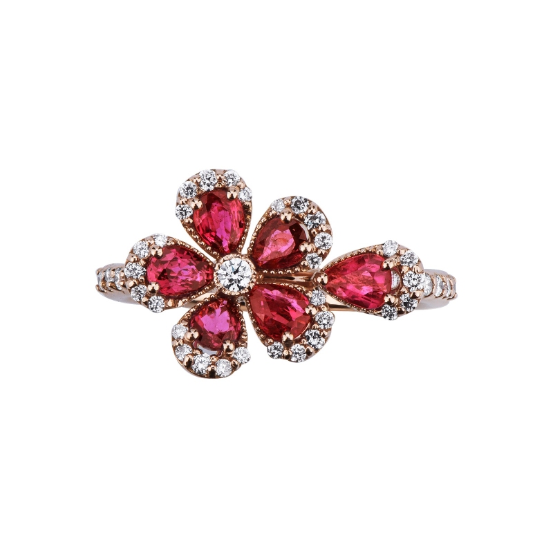Blumenring mit Rubinen und Brillanten aus Roségold 18k
