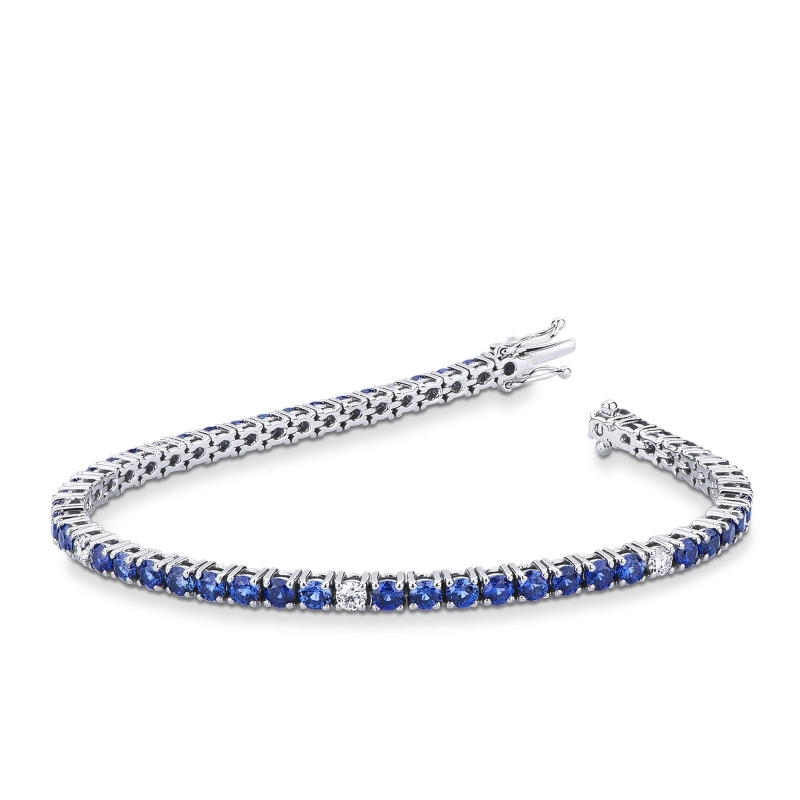 Weißgold 750 Tennisarmband mit blauen Saphiren und Diamanten 