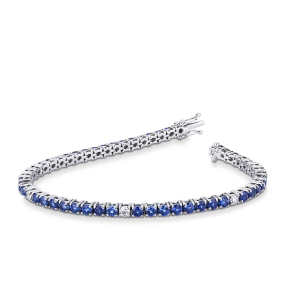 Weißgold 750 Tennisarmband mit blauen Saphiren und Diamanten 