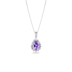 Weißgold 750 Halskette mit Halo Anhänger aus Diamanten und Amethyst 