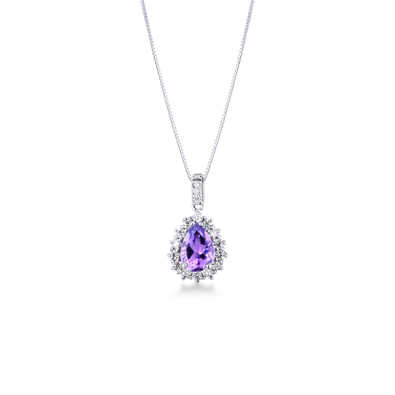 Weißgold 750 Halskette mit Halo Anhänger aus Diamanten und Amethyst 