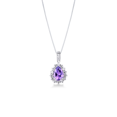 Weißgold 750 Halskette mit Halo Anhänger aus Diamanten und Amethyst 