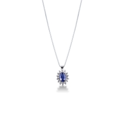 Weißgold Kette mit Diamanten und blauem Saphir