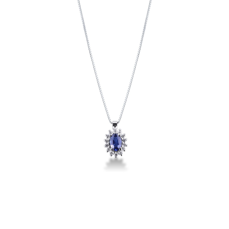 Weißgold Kette mit Diamanten und blauem Saphir