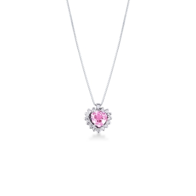 Weißgold Kette mit Herzanhänger aus Saphir rosa und Diamanten