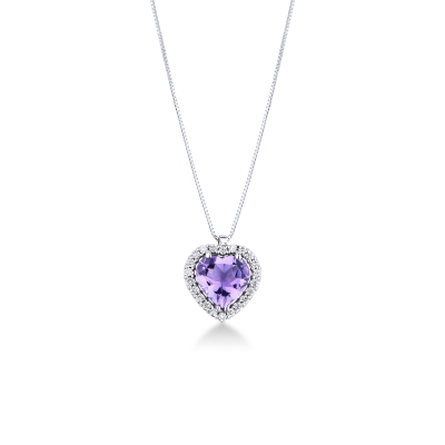 Weißgoldkette mit Herzanhänger aus Amethyst und Diamanten 