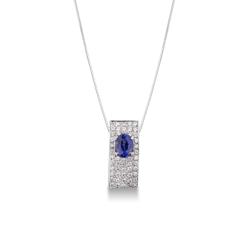 Weißgold Kette mit Pavé aus Diamanten und blauem Saphir 