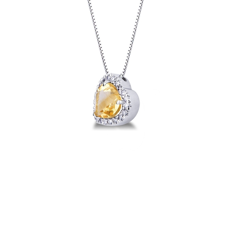 Weißgold Herz Kette mit Diamanten- und Citrin-Anhänger 