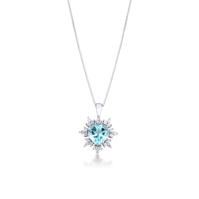 Weißgoldkette Damen mit Aquamarin- und Diamantanhänger 