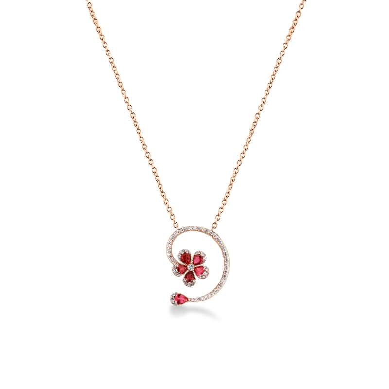 Kette aus Roségold 18K mit Blume aus Rubinen und Diamanten 