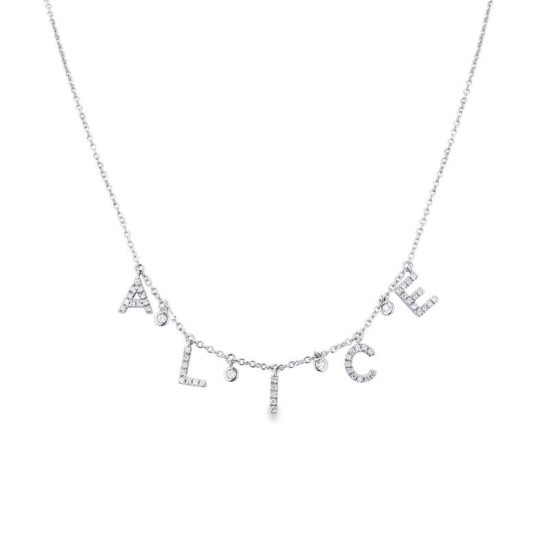 Weißgoldkette mit Namen ALICE in Diamantbuchstaben