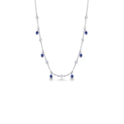 Weißgold Damenkette mit Diamanten und blauen Saphiren Anhänger