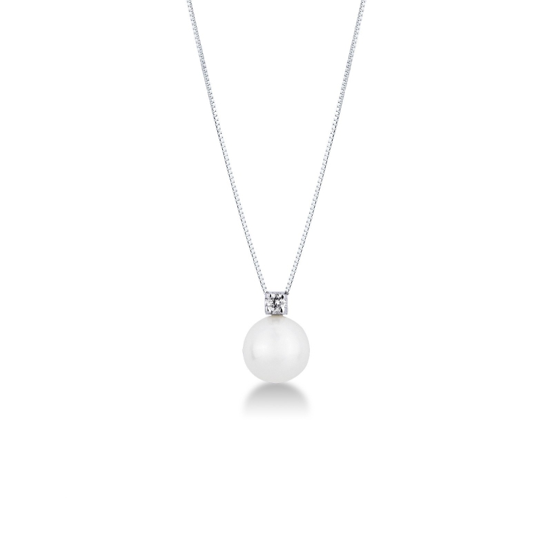 Halskette aus 750er Weißgold mit Perlenanhänger und Diamanten