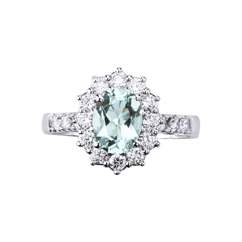 Weißgold Halo Ring mit Aquamarin und Diamanten 