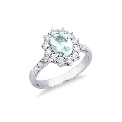 Weißgold Halo Ring mit Aquamarin und Diamanten 