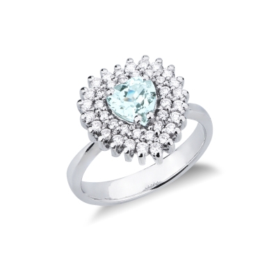 Halo Ring Aquamarin und Diamanten Weißgold