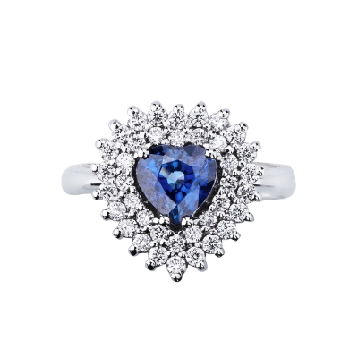 Weißgold 18K Herz Ring mit Saphir blau und Diamanten