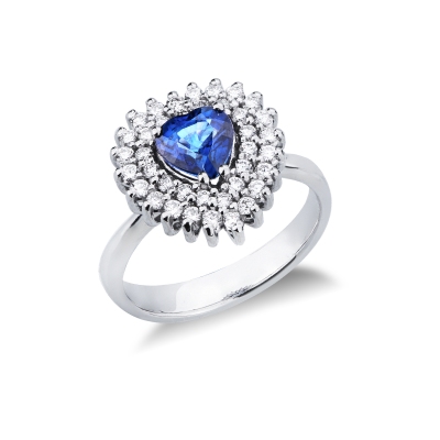Weißgold 18K Herz Ring mit Saphir blau und Diamanten