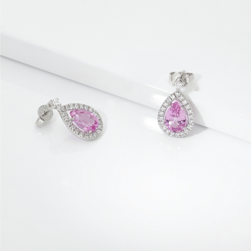 Ohrringe Tropfen aus Saphir rosa und Diamanten