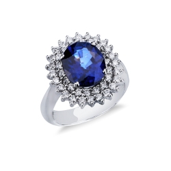 750er Weißgold Halo Ring mit blauem Saphir und Diamanten