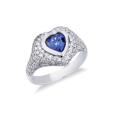 Damen Siegelring Weißgold Saphir blau und Diamanten