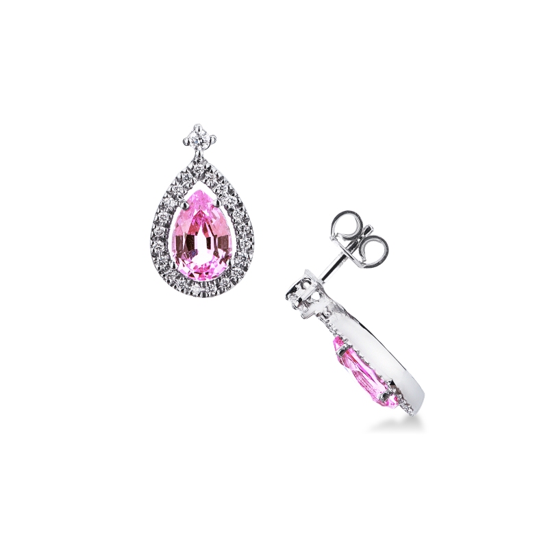 Ohrringe Tropfen aus Saphir rosa und Diamanten