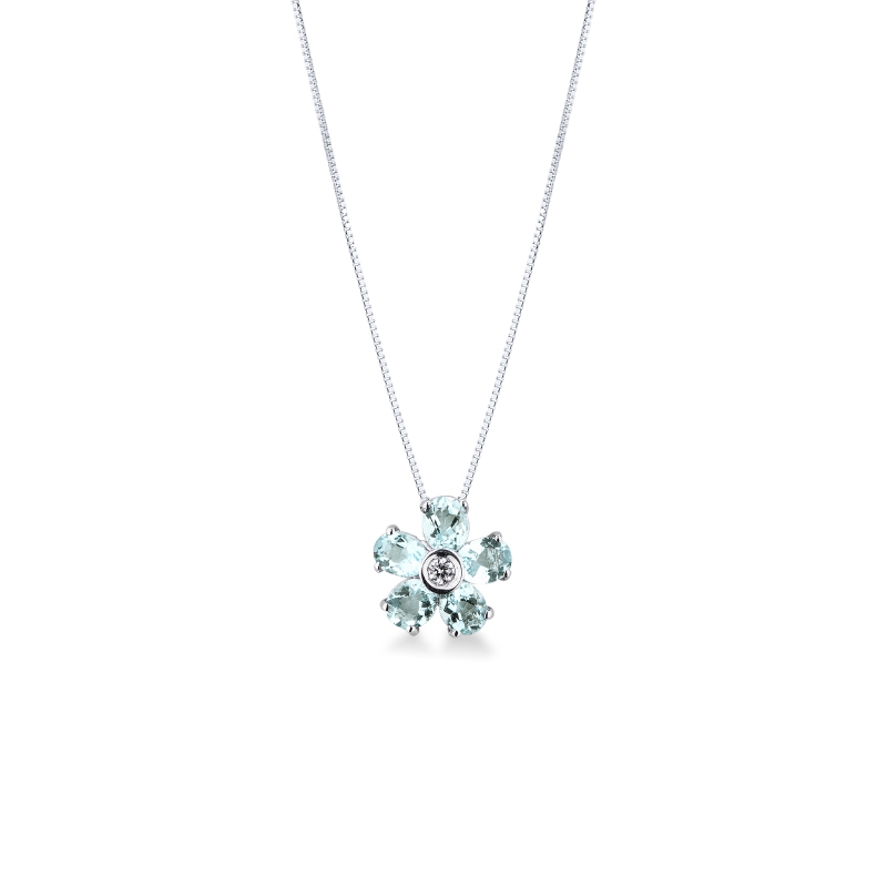 Blumen Aquamarin Kette aus 18K Weißgold mit Diamanten 