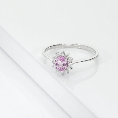 Saphir rosa Halo Ring mit Diamanten Weissgold