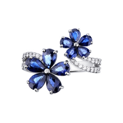 Weißgold 18 Karat Blumenring mit Saphir blau und Diamanten