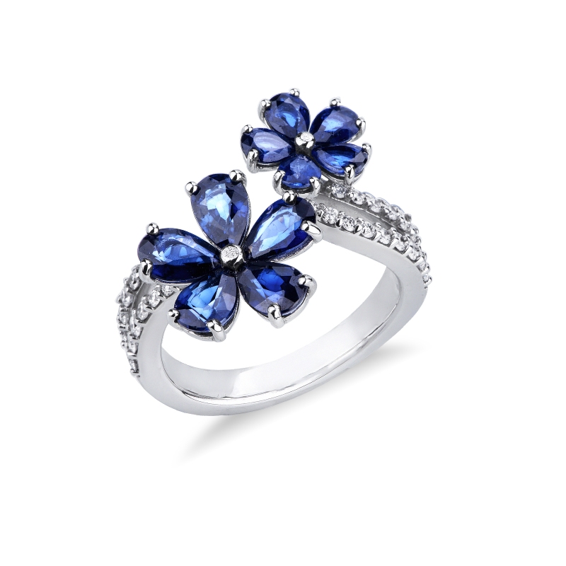 Weißgold 18 Karat Blumenring mit Saphir blau und Diamanten