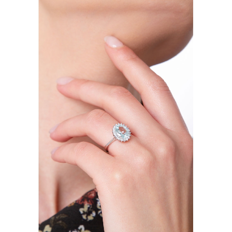 Halo Ring Weißgold Diamanten Aquamarin