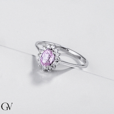 18k Weißgold Halo Ring mit rosa Saphir und Brillanten 