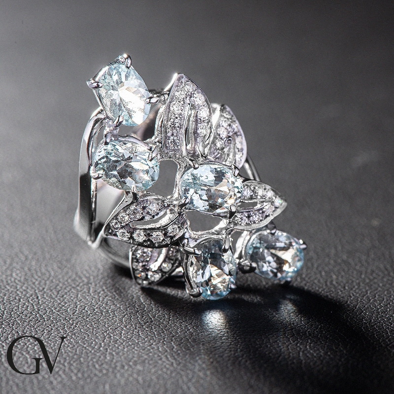 Aquamarin Bandring Weißgold 750 mit Diamanten