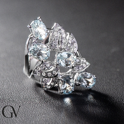 Aquamarin Bandring Weißgold 750 mit Diamanten