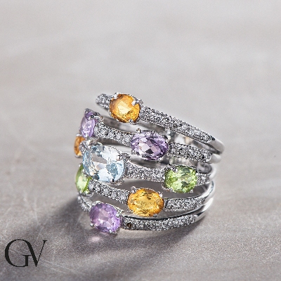 Weißgold Ring mit Aquamarin, Peridot, Citrin, Amethyst
