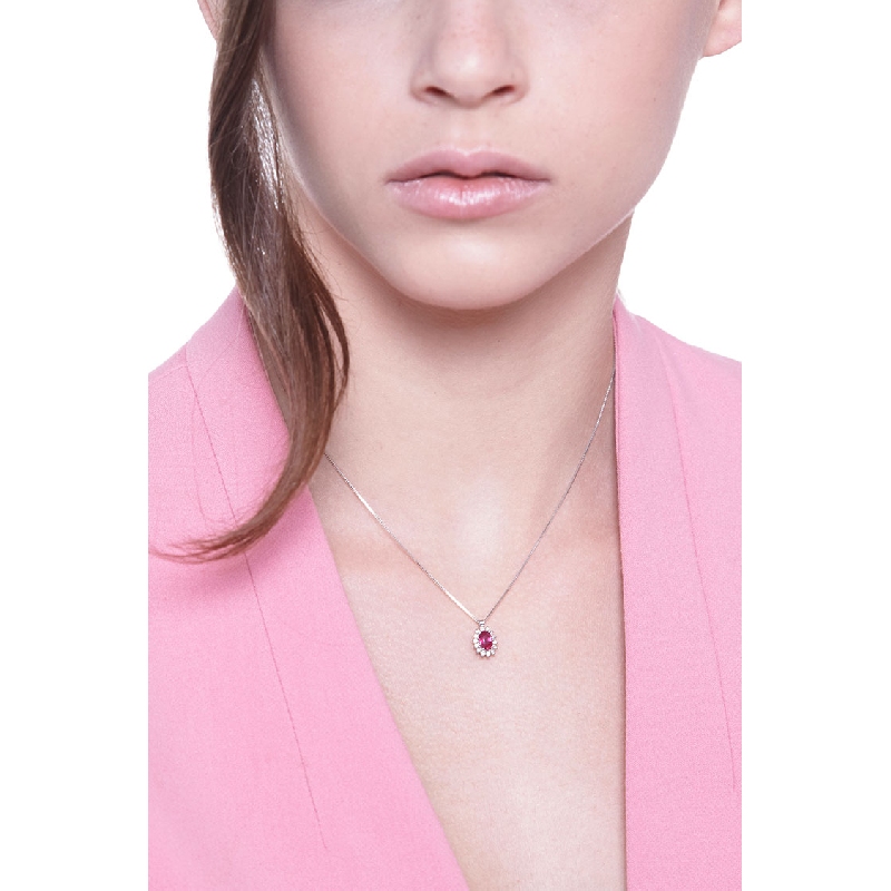 Weißgold Kette Damen mit Rubin und Diamanten 