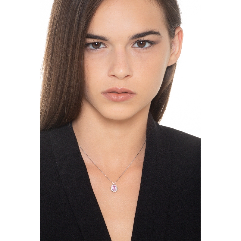 Rosa Saphir Anhänger Weißgold Kette mit Brillanten 
