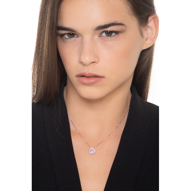 Halskette aus Weißgold mit Herzanhänger aus rosa Saphir und Diamanten